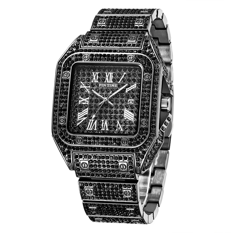 Хип-хоп Iced Out мужские часы с квадратным бриллиантом кварцевые роскошные мужские s наручные часы золотые римские часы с календарем стальные часы Relogio Masculino - Цвет: Black