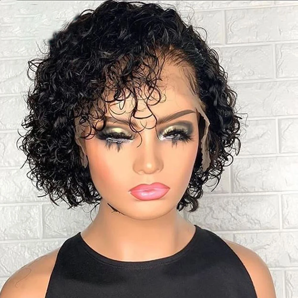 

8 10 20 Inch Short Pixie Cut Bob Remy 180% Density Curly Black 13x4 Human Hair Lace Front Wig With Babyhair Preplucked Brazilian