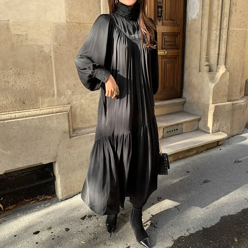 

summer dress 2021 Elegant Long Sleeve A-line Dress Women Midi Dress Female Vintage Turtleneck Spring Dress Vestidos Femme Robe