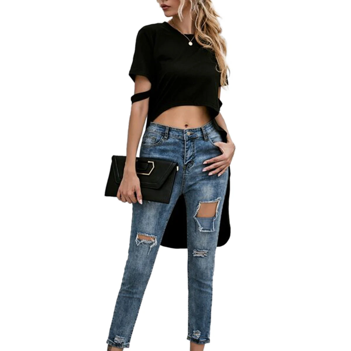 

Women Irregular Shirts 2020 Summer Solid Color Hem Cut-out Sleeve Pullover Hole Casual Short Sleeve Loose Blouse Tops Clothes