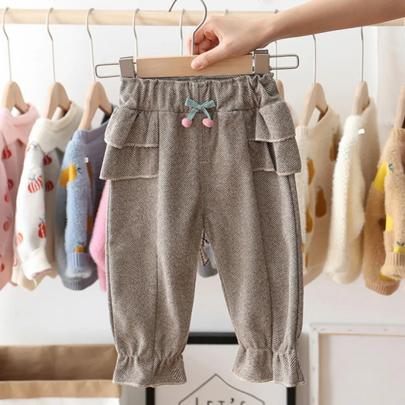 Новинка 2021 Осенние хлопковые однотонные штаны для маленьких девочек с принтом