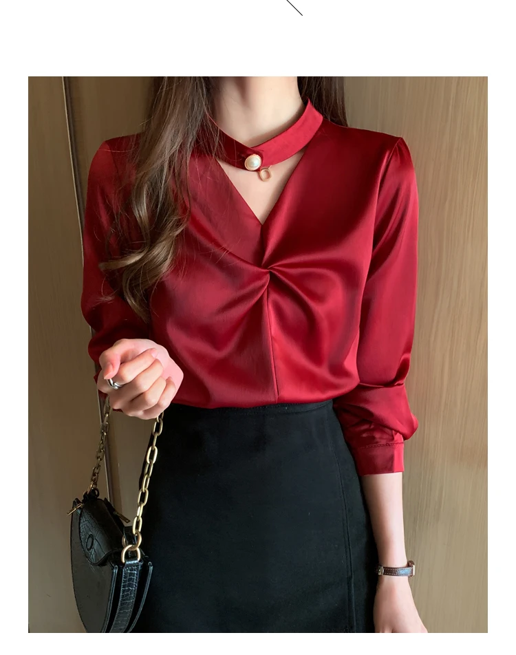 

2020 Spring Long Sleeve V Neck Satin Blouses Women Sexy V Neck Satin Shirts Women Casual Loose Black Satin Blouses Satin Tops