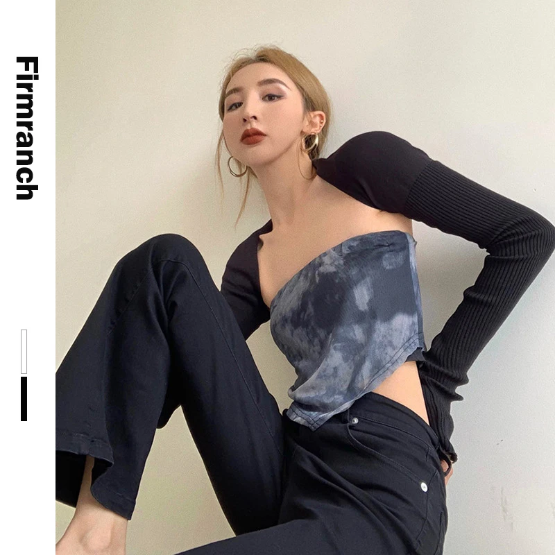 

Firmranch Sexy Hot Girl One-line Collar Strapless Sun-top 2021 For Women Tie-dye Chinese Ink Gradient Color Boob Tube Top