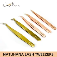 natuhana anti static eyelash extension tweezer gold stainless steel eyelashes tweezers professional for volume fan makeup tools