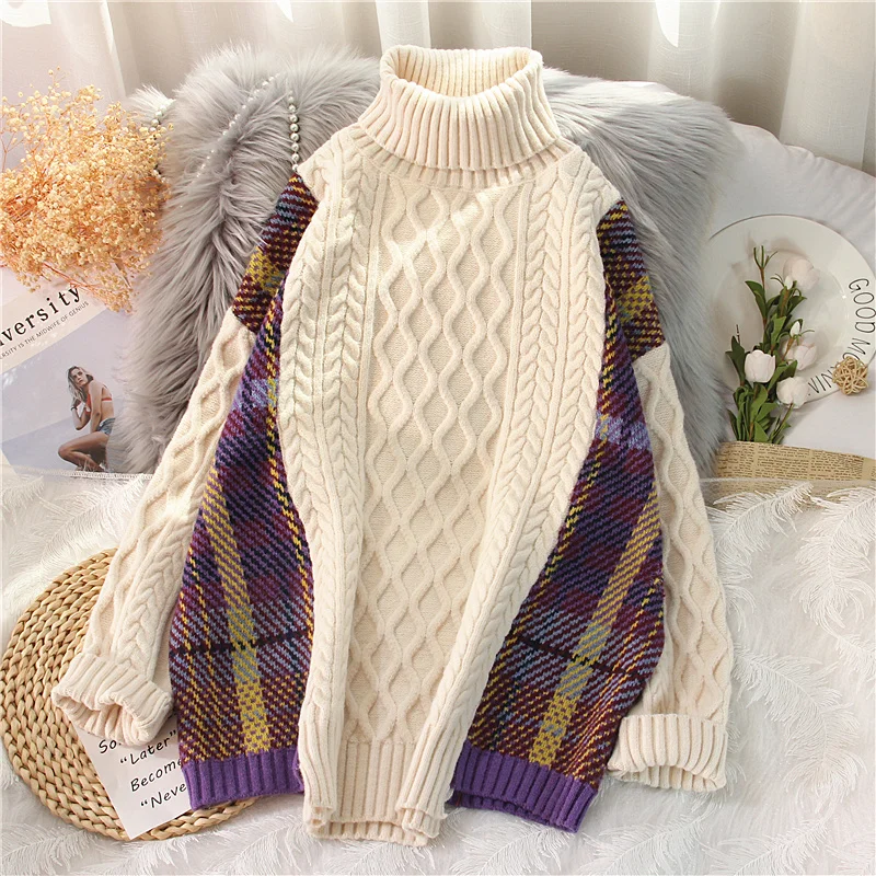 

EBAIHUI Woman Sweaters Twist Pattern Turtleneck Pullover Splice Plaid Preppy Style Jumper Korean Fashion Thicken Winter Clothes