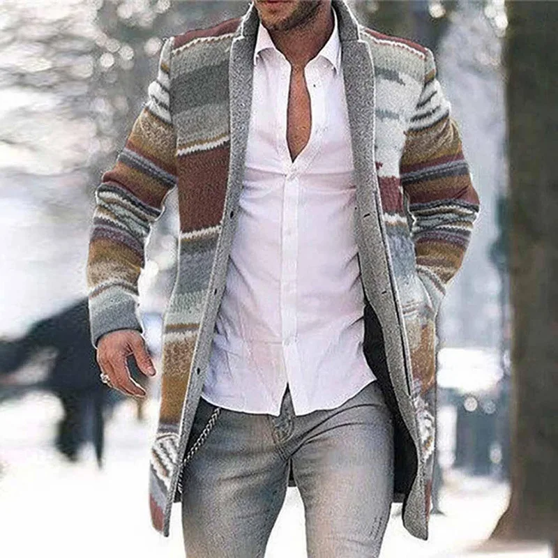 

New Men Casual Long Jacket Printed Cardigan Top Overcoat 2020 Winter Warm Outwear Striped Fashion Coat Parkas Male Clothes
