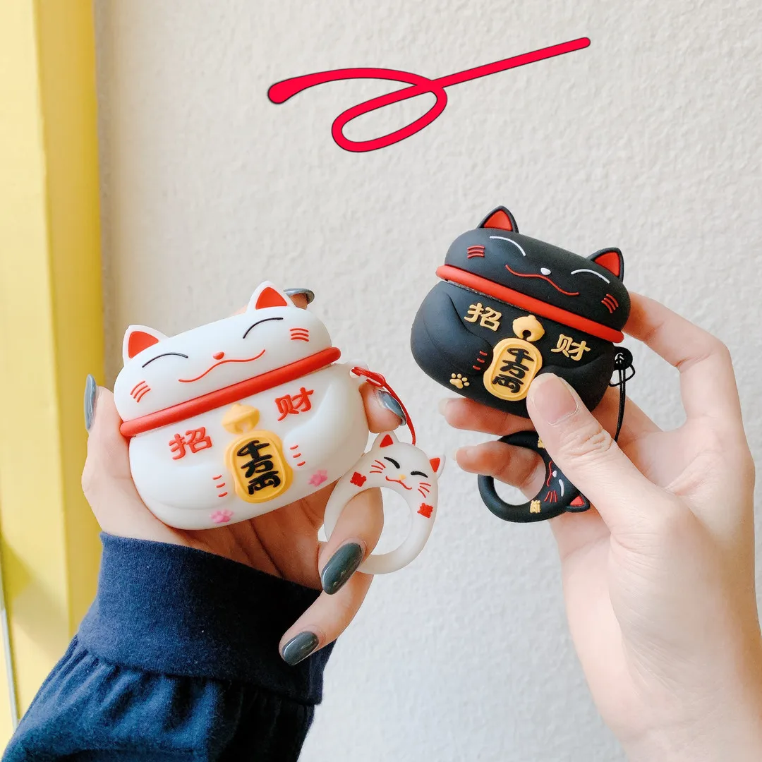 

Милый чехол для Airpods Pro в японском стиле, силиконовый чехол для наушников Lucky Cat для Apple Airpods 1 2, милый силиконовый защитный чехол