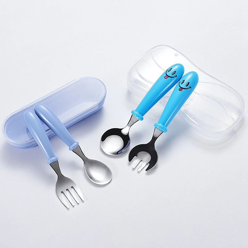

Baby Tableware Set Stainless Steel Fork Spoon Sets with Short Handle Kids Self Feeding Utensils Cute Infant Feeding Cutlery