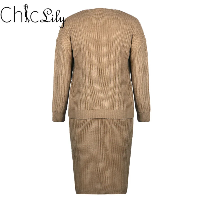

Chiclily Knitted Sweater and Skirt Two Piece Set Women Autumn 2 Piece Sets Womens Outfits Bodycon Office Lady