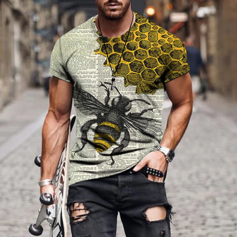 Funny Bee 3d Printing Summer Men's T-shirt Street Personality Round Neck Short-sleeved Genderless Hip-hop Shirt Male T-shirt