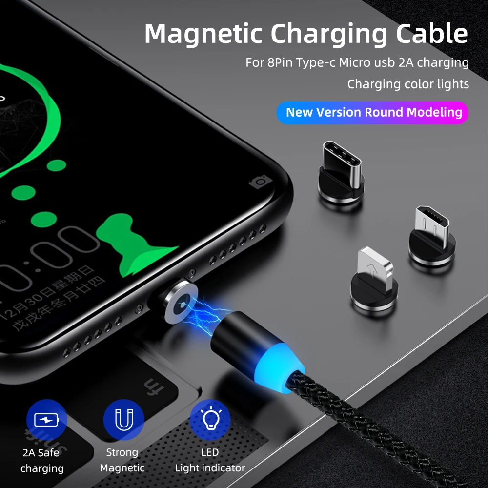 Магнитный usb-кабель для быстрой зарядки 2,1 А, Тип C, микрокабель, светодиодный, с нейлоновой оплеткой, type-C, магнитное зарядное устройство для iPhone XS X 7, samsung, 1 м, 2 м