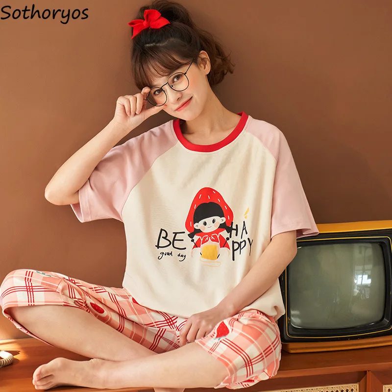 

Pajama Sets Women Loose Cute Shorts Sleeve Tops Kneel-length Pants Summer Two Pieces Chic Korean Fashion Sleepwear Simple Soft
