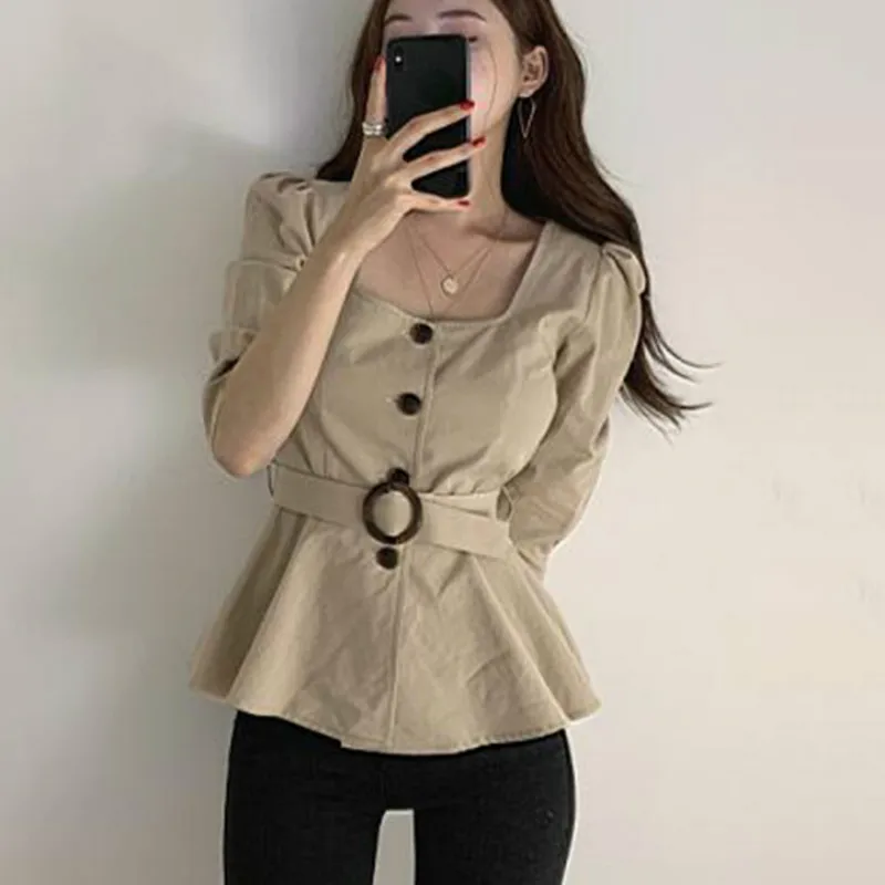 

Square Collar Clavicle Exposed Sexy Blouse Women Slim Waist Sashes Ol Solid Blusas Pullover Long Sleeve Shirt Feminino