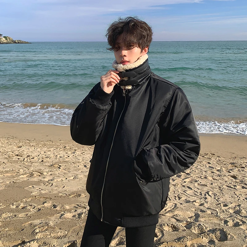 

Winter thick lamb wool coat jacket men's loose stand-up collar warm quilted jacket Korean style trendy cotton jacket