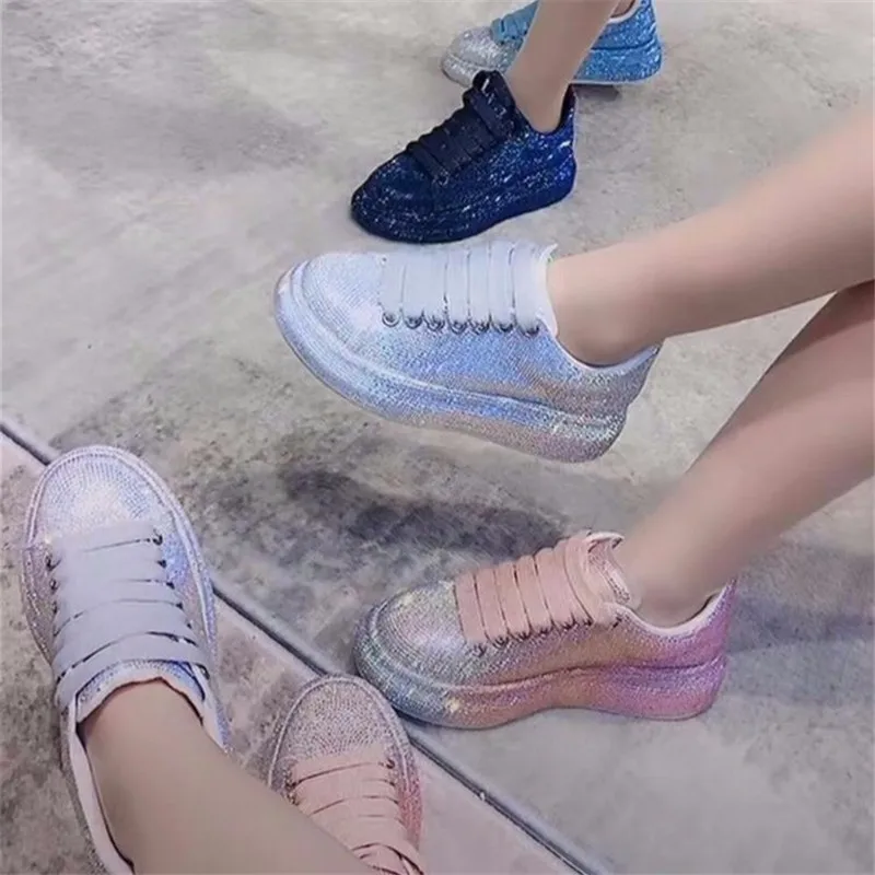 

Women Chunky Sneakers Luxury Shoes Korean 2021 Fashion New Female Rhinestone Platform Thick Sole Casual Shoes Woman Sneakers 5cm