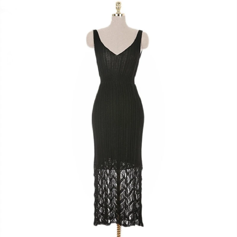 

2021 Korean Summer Retro Women Hollow Dresses Sundress Knitting V-Neck High Elastic Waist Elegant Sexy Casual Lace Long Dress