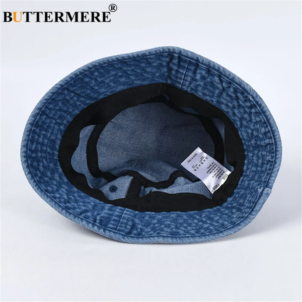 BUTTERMERE Bucket Hat Womens Denim Spring Summer Solid Vintage Fisherman Hat Korean Unisex Traveling Hiking Cap