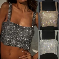 fashion womens summer sexy sequined sleeveless slash neck adjustable tank top lady club crystal rhinestone chainmail crop tops