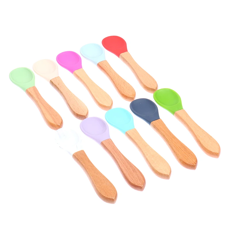 Cuchara de silicona para beb&eacute;, para aprendizaje cuchara de madera de Color caramelo, antideslizante, herramientas de alimentaci&oacute;n de alimentos-1