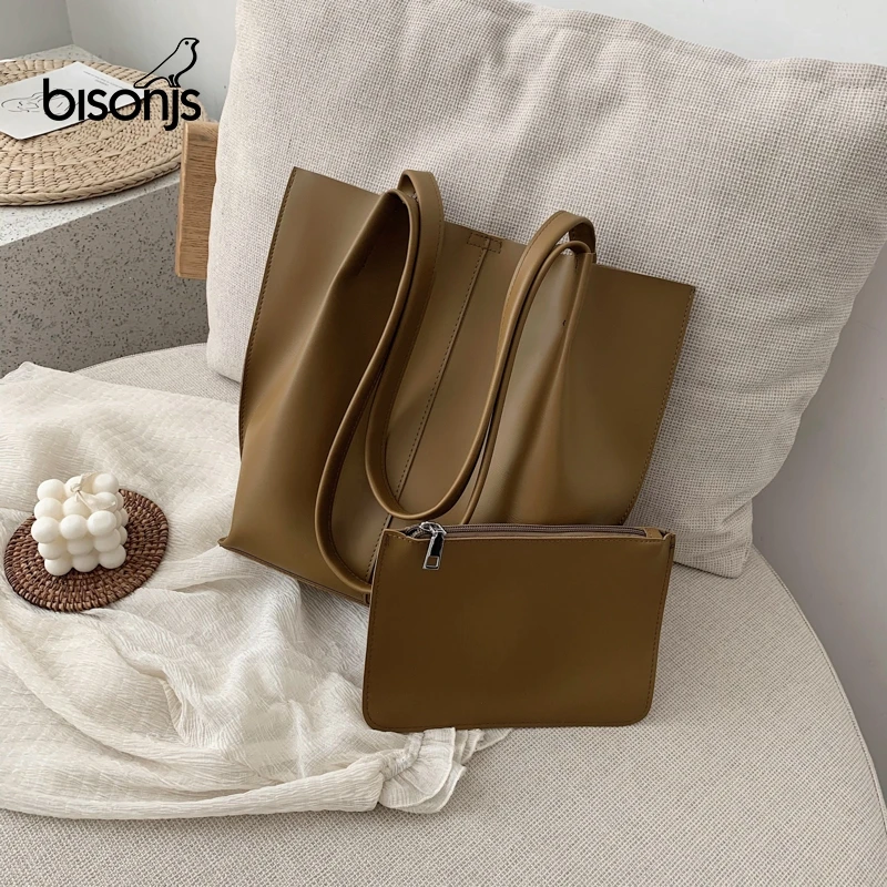 

Вместительные однотонные сумки через плечо из искусственной кожи BISONJS для женщин, сумки-ведра, женские сумки с широким ремнем, дорожные сумк...