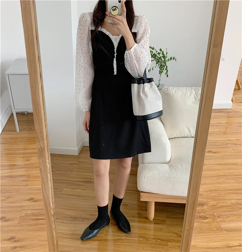 

Alien Kitty 2021 Party Hot Summer Puff Sleeve Women Patchwork Gentle Mini Dresses New Retro Loose Casual Chic Elegant Vestidos