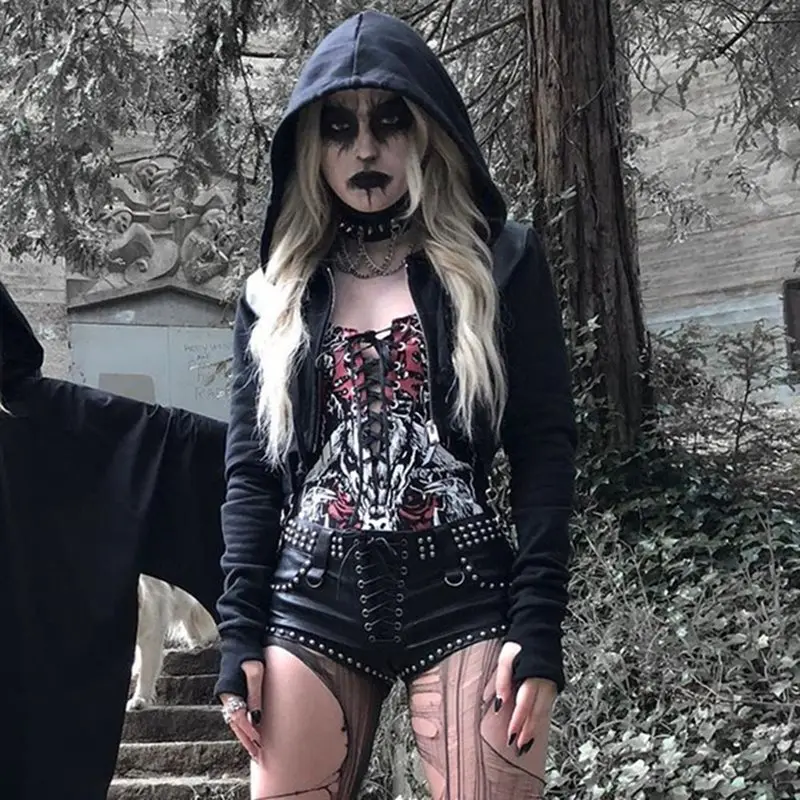 Готический стиль панк короткий длинный рукав толстовка с капюшоном хип хоп