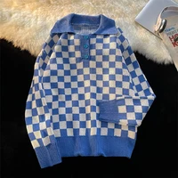 lapel checkerboard half cardigan sweater loose trend ins harajuku thick knit sweater fallwinter inner pullover men clothes