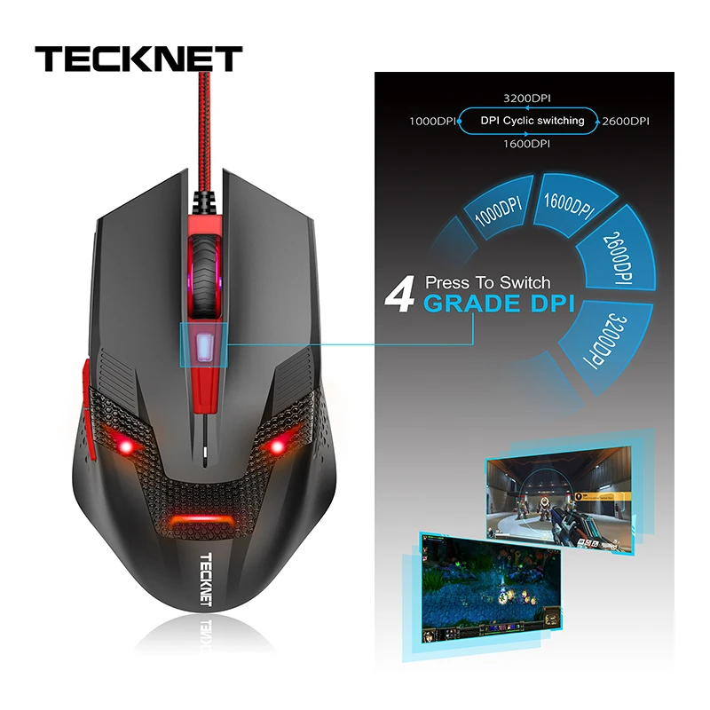 TeckNet, профессиональная геймерская мышь, 2000 dpi, Проводная игровая мышь, 6 кнопок, светодиодный, оптическая, USB, компьютерная мышь для компьютера, ноутбука