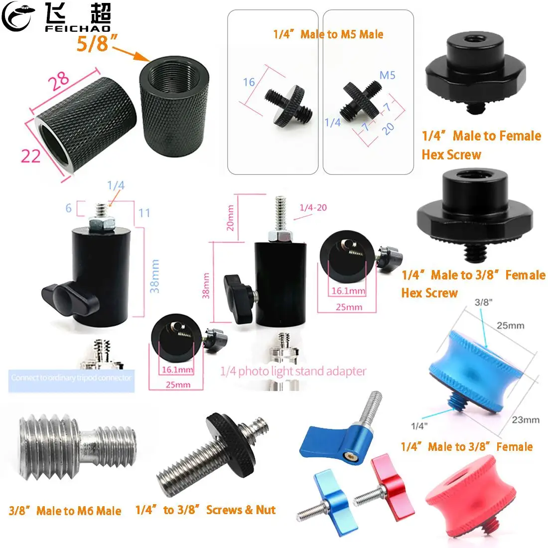 

1x 5/8" 1/4" 3/8" M4 M5 M6 Threaded Screw Mount Adapter for Microphone Stand Tripod Plate Monitor Flash Light Bracket Converter