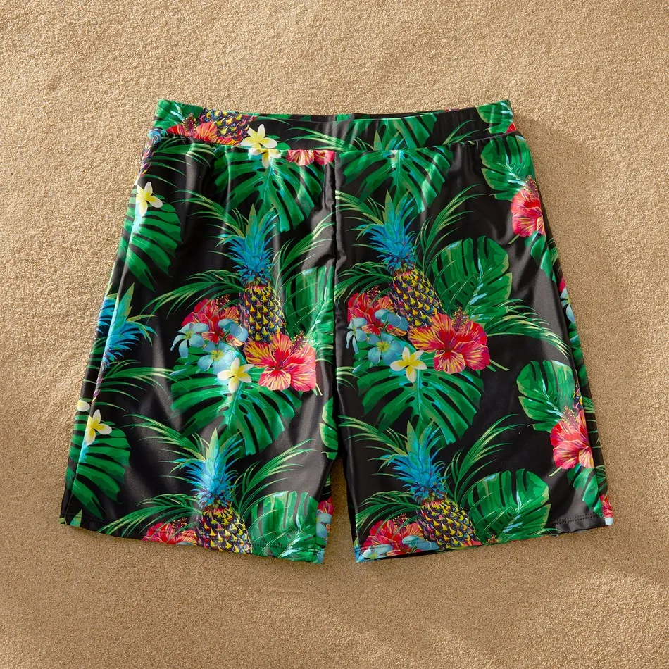 

PatPat New Arrival 2021 Summer Pineapple Printed Stiching Family Matching Swimsuits Family Look Floral full print Black