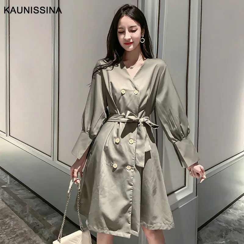 KAUNISSINA, корейское коктейльное платье, двубортное, высокая талия, длинный рукав, v-образный вырез, свободные, а-силуэт, вечерние платья, платья для выпускного вечера