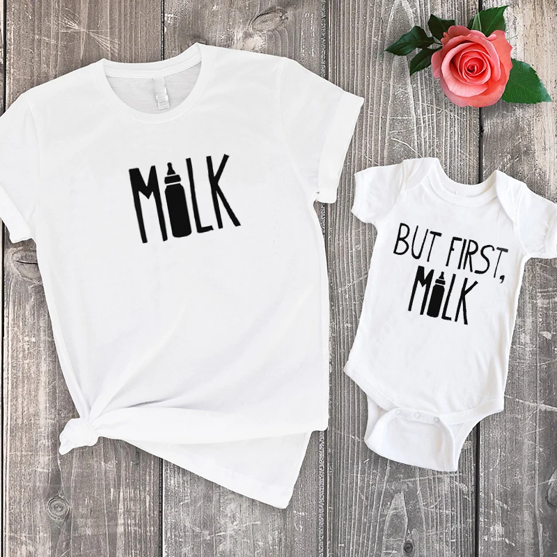 Футболка для малышей с надписью But First Milk забавная футболка Одежда мамы и дочки