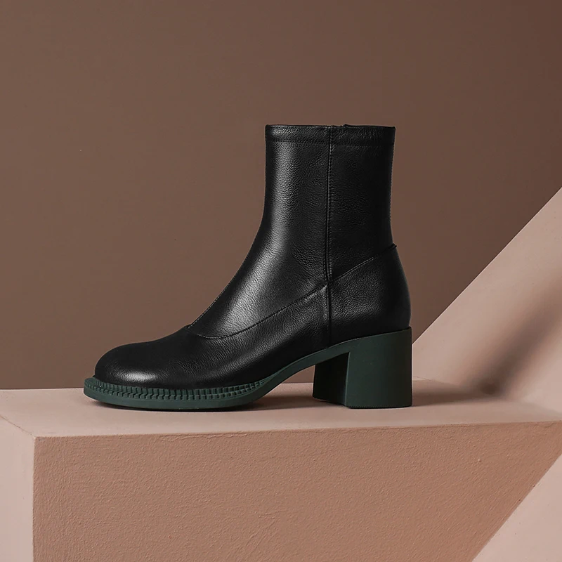 

Genuine Leather women boots Fashion square toe Shoes Woman Band Thick high Heels ladies boots Party Casual Ankle Boots