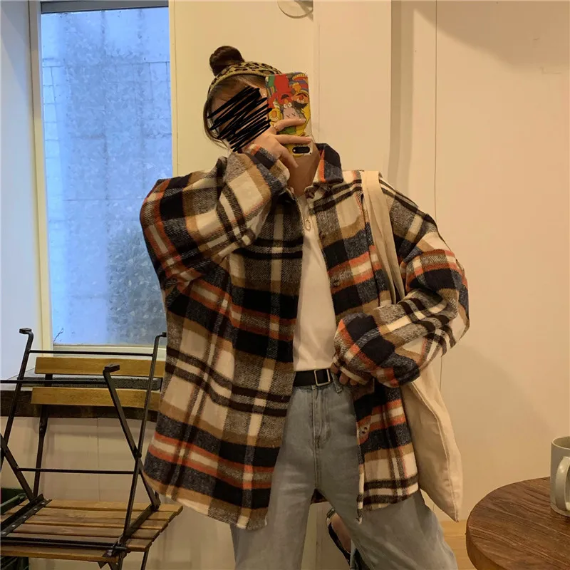 Корейская клетчатая рубашка женская одежда Harajuku однобортная Осенняя рубашка с длинными рукавами женская рубашка большого размера с отворотом Женская