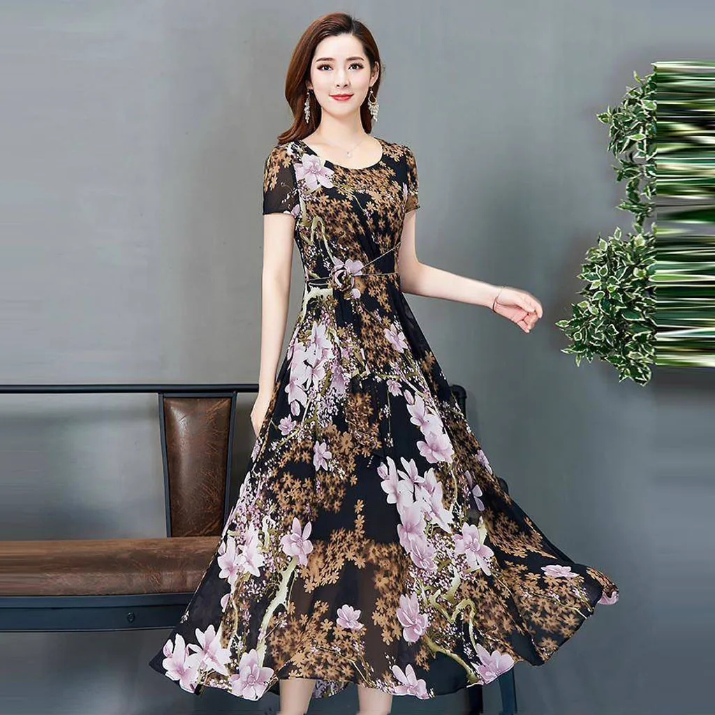 Модное повседневное женское тонкое платье с круглым вырезом и коротким рукавом