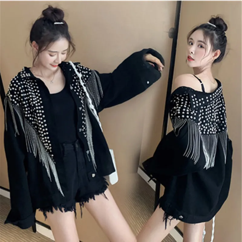 

2020 Autumn Streetwear Denim Jacket Women Rivets Tassel Chain Short Jeans Jacket Korean Version Loose Vintage Casual Black Coats