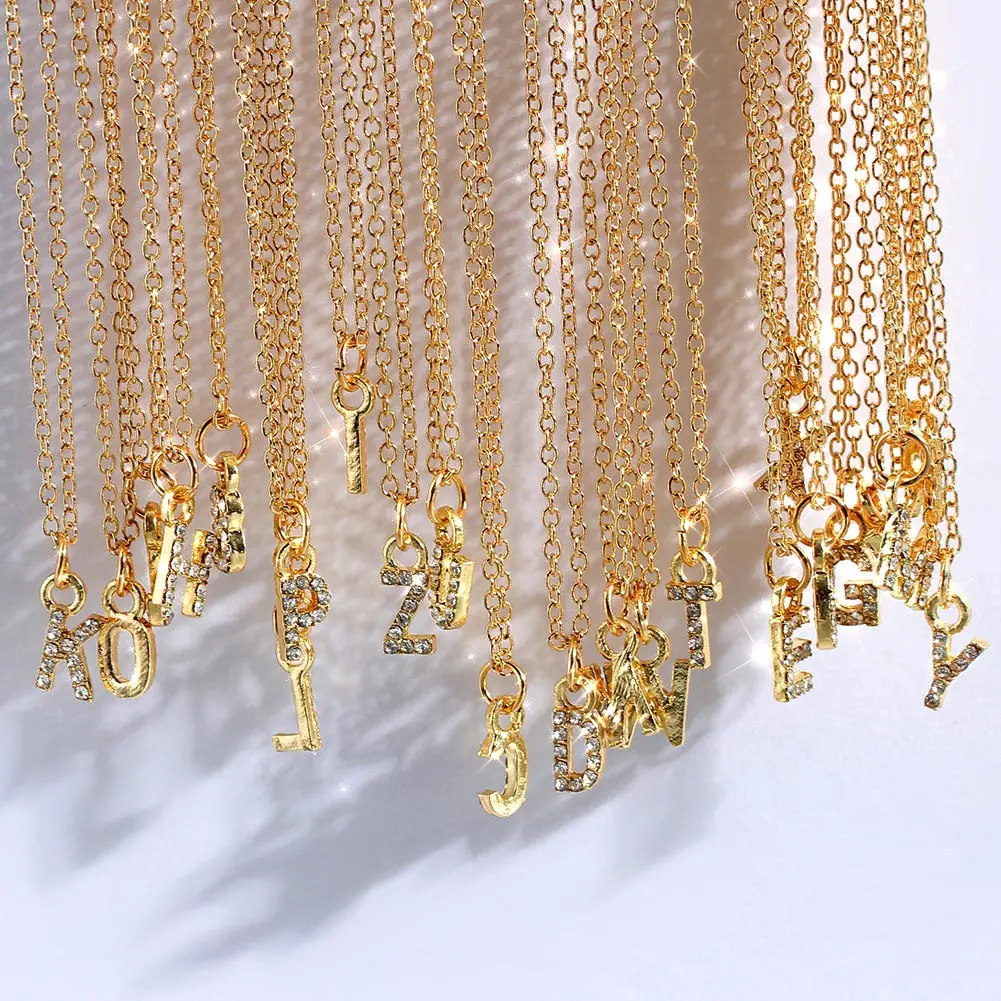 

Mini Crystal A-Z Initial Letters Charms Necklaces For Women Gold Color English Alphabet Pendants Chain Name Necklaces Jewelry