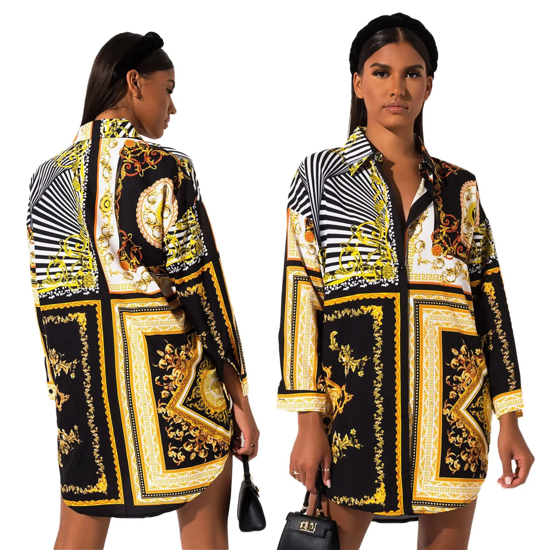 Женское винтажное платье с принтом Kalenmos Повседневная Свободная уличная рубашка