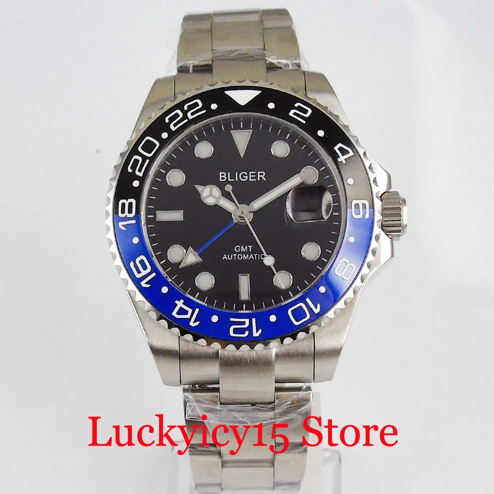 BLIGER GMT Automatic Men Wristwatch See-Through Backcover Date Function Steel Band Rotating Bezel 43mm Case | Наручные часы