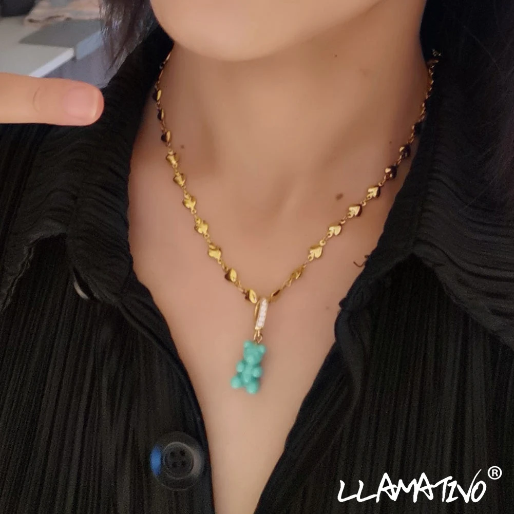 

Korean Resin Cute Zircon Gummy Bear Cartoon Charm Necklace Metal Heart Chain Choker Necklaces For Women Girls Party Jewelry Gift