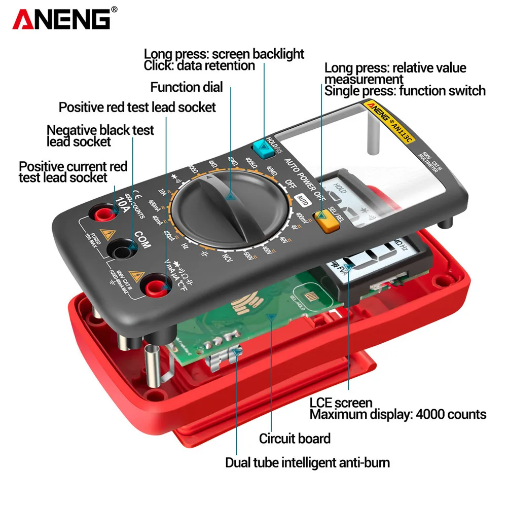 

ANENG AN113C/E Digital Professional Multimeter 4000 Counts EletricAuto AC/DC Votage tester Current Ohm Ammeter Detector Tool