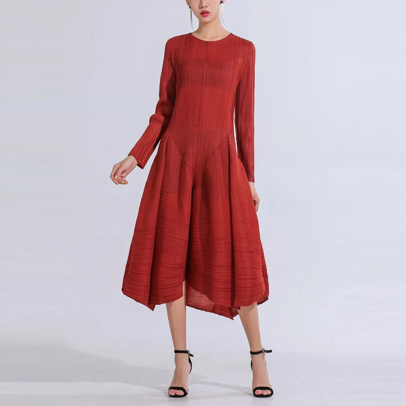 Changpleat Весенние новые женские платья Miyak плиссированные модные однотонные с o-образным вырезом солидные Большие размеры с длинным рукавом женское платье D8980