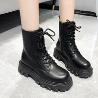 womens ankle boots leather black martin boots round toe square heel platform boots thick plush warm women casual martin boots