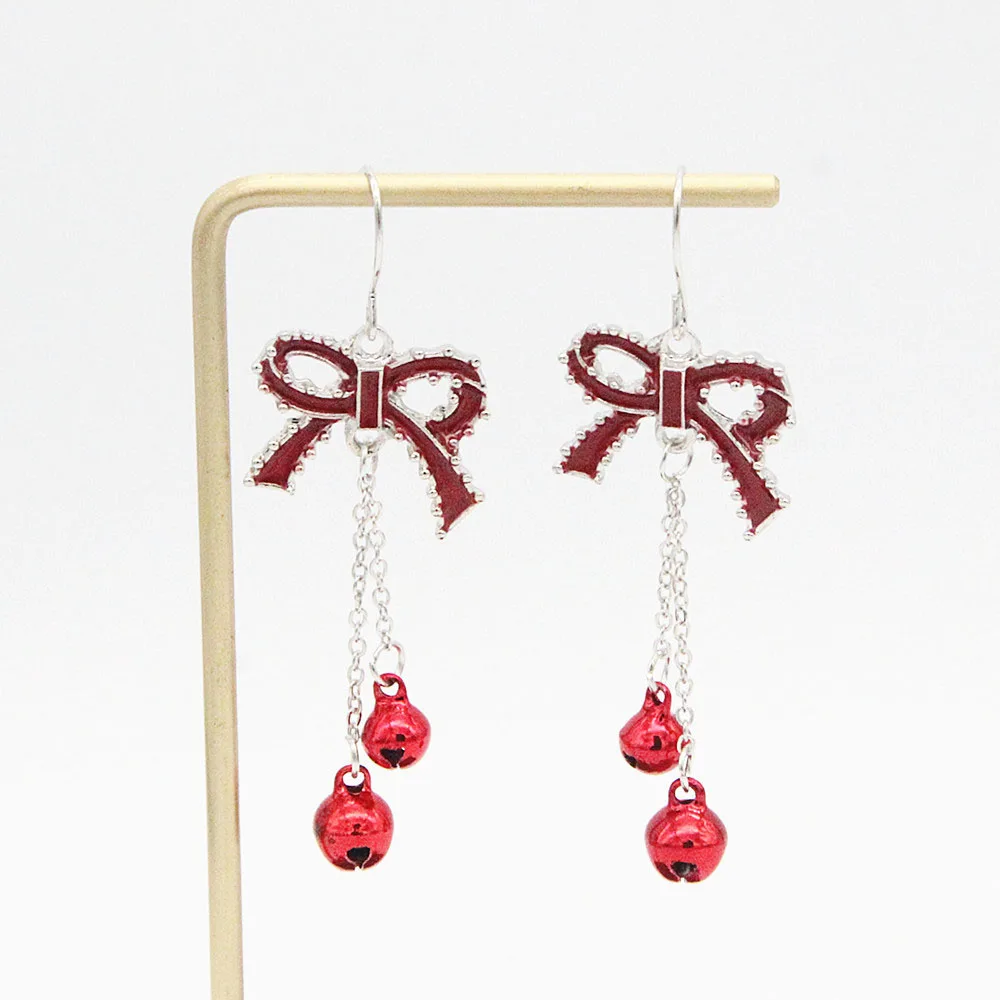 

New style bow long earrings retro ethnic style red, yellow and green bells Christmas earrings ornaments