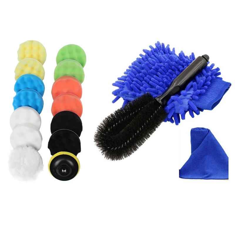 

15X 4Inch Polishing Waxing Buffing Woolen and Sponge Pads Kit and Car Wheel Cleanning Brush, Wheel and Component Brush