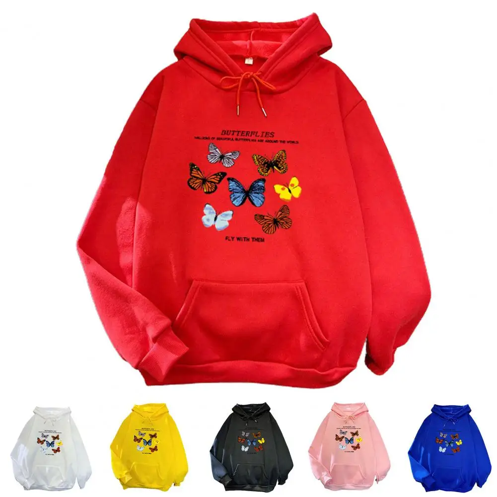 Butterflies Pattern Front Pocket Sweatshirt Cotton Blend Long Sleeve Winter Hooded for Home  outdoor or daily wear