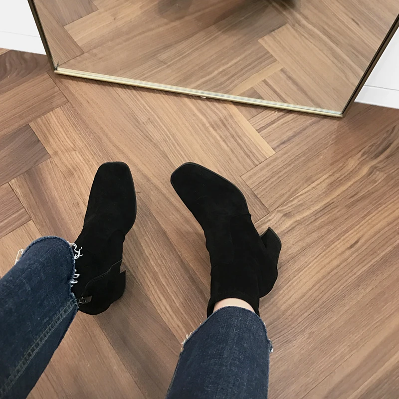

Size 33-42 BlackChelsea Boots Women's Ankle Boots British Style Girls Naked Boot Square Head 2020 Winter Shoes Woman