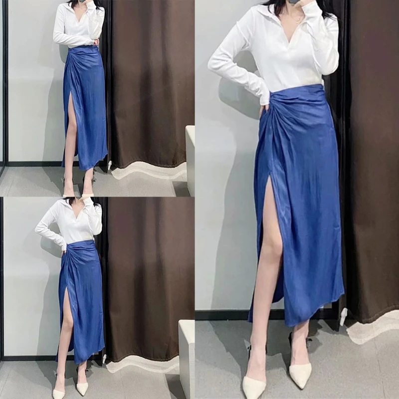 

Women High Waist Satin Midi Long Skirt Ruched Twist Knotted Asymmetrical Hem Sexy High Split Solid Color Party Clubwear