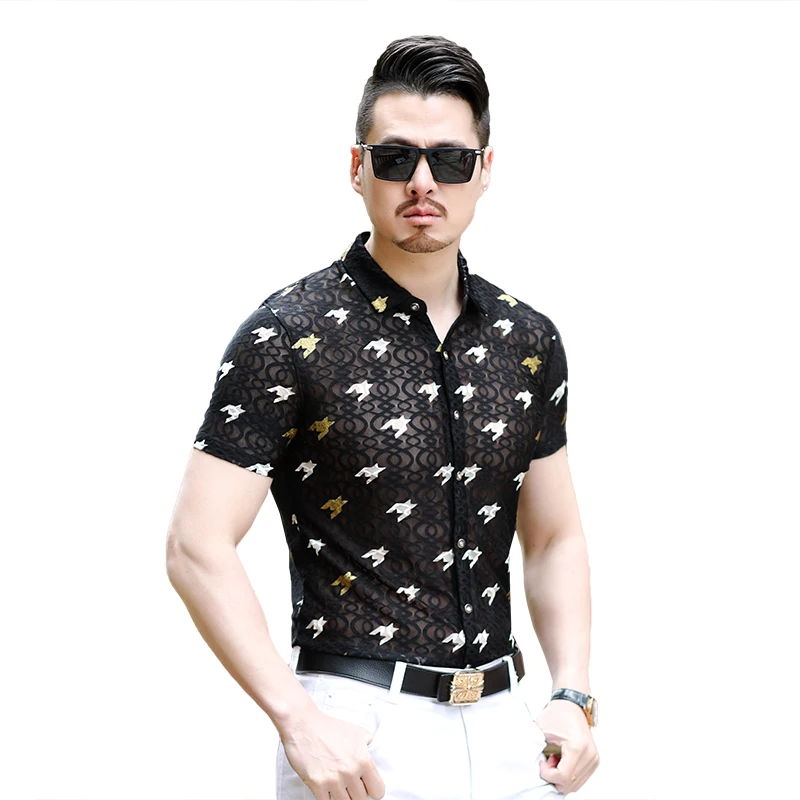 

Мужская Летняя прозрачная одежда, модные сетчатые ажурные рубашки, Мужская прозрачная Классическая рубашка с коротким рукавом