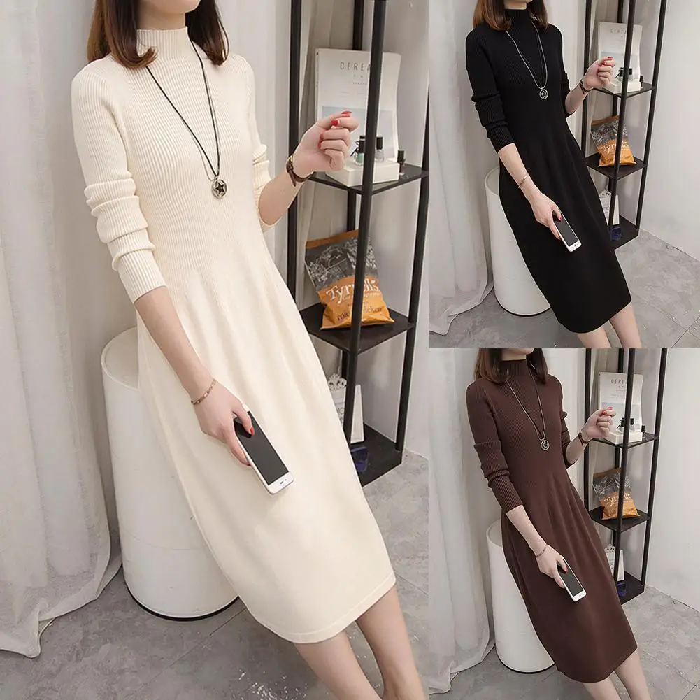 Осенне-зимнее женское свободное Повседневное платье с круглым вырезом и длинным